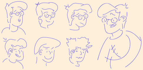 Hand drawn sketch characters showing various emotions like joy, sadness, and enthusiasm