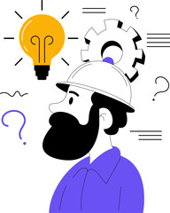 Bright character with gear-shaped hat transforms ideas into solutions through creative thinking