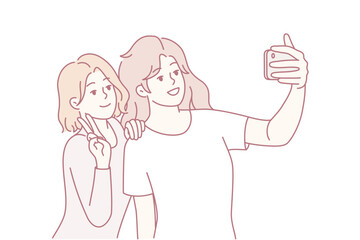 two friends taking selfie together, pastel illustration of duo holding smartphone and posing with laughter, casual outfits and playful expressions, influencer vibe and social media content