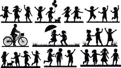 Playing children silhouettes vector illustration collection, set of happy kids running, jumping, riding a bike, and having fun outdoors, editable childhood icons on grass background.