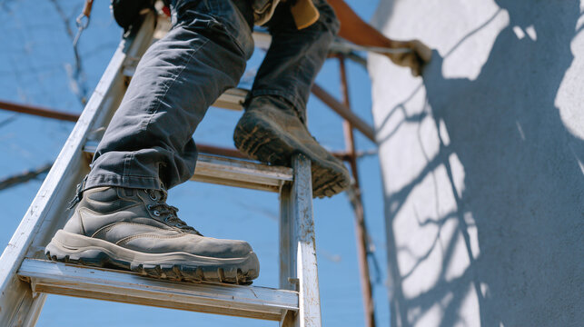 African American female apprentice climbs a sturdy ladder wearing steel-toe boots, installing overhead wiring against a blank concrete wall, industrial lighting casting dramatic sh - Powered by Adobe