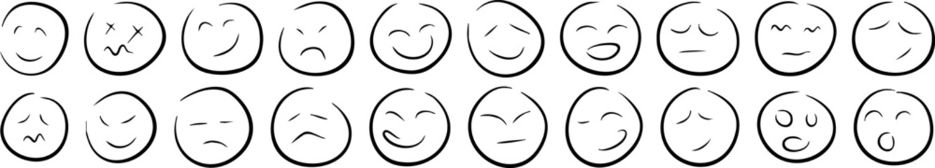 Hand drawn round emoji emoticons express a range of different emotions and feelings
