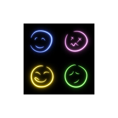 Vivid neon glowing hand drawn round emojis on black background for digital expressions