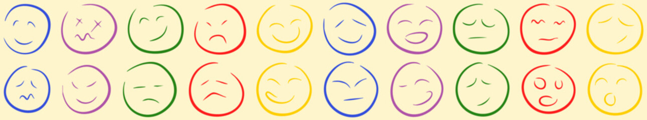 Obraz premium Unique set of vivid hand drawn emoji emoticons showing various emotions and expressions