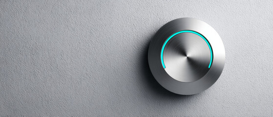 Modern metallic volume control knob with blue LED indicator on textured gray wall background in close-up