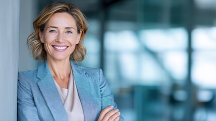 A professional woman stands confidently in a sleek office setting. Natural light streams in enhancing her approachable smile and polished appearance.