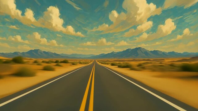A straight highway slices through rolling golden desert dunes under a vast, painterly sky filled with fluffy clouds and streaks of turquoise blue. The receding yellow center lines pull the eye all the