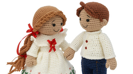 Crocheted doll couple holding hands handmade amigurumi toys for children isolated on white background