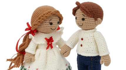 Crocheted doll couple holding hands handmade amigurumi toys for children isolated on white background