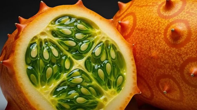 Closeup rotation of vibrant kiwano melon revealing intricate interior seeds