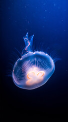 Glowing Moon Jellyfish Swimming in Dark Water