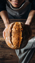 Baker Holding Rustic Sourdough Loaf of Bread