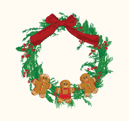 Christmas Wreath with Gingerbread Man Illustration