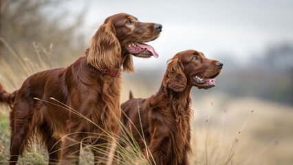 Two beautiful irish setter dogs standing in a field of tall grass looking alert and happy on an overcast day in the countryside landscape