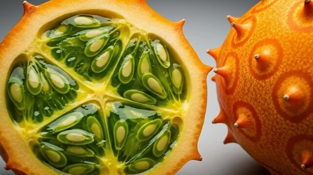 Closeup of kiwano melon slices showcasing vibrant textures and juicy details