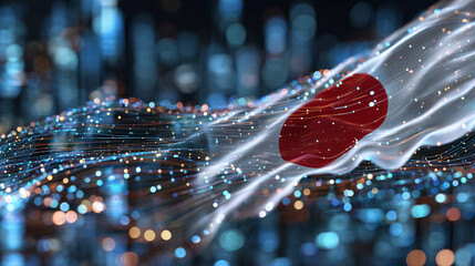 Japanese flag overlaid with holographic lines and luminous particles, digital grids forming a glowing futuristic background, high-tech abstract visualization