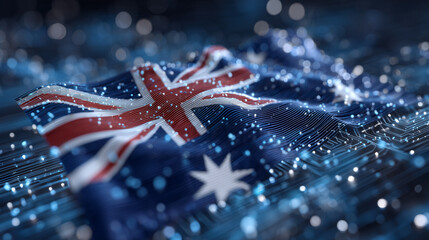 Flag of Australia merged with luminous neon circuits and floating holographic grids, glowing digital particles surrounding the flag in a futuristic tech environment