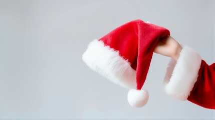 白い背景で赤いサンタの帽子を持っているサンタクロースの手
