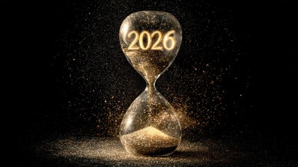 Golden hourglass counting down to 2026, against a dark, glittering background.