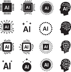 Minimal artificial intelligence icon set featuring chip circuits glowing dots and human head profiles with tech patterns, concept of digital innovation and machine intelligence