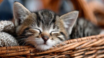 Adorable Tabby Kitten Sleeping Peacefully in a Cozy Woven Basket Surrounded by Soft Textiles, Capturing Pure Innocence and Serenity in Pets