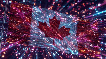 Flag of Canada with holographic geometric patterns, neon particles and glowing tech circuits, futuristic digital wallpaper with vibrant light effects
