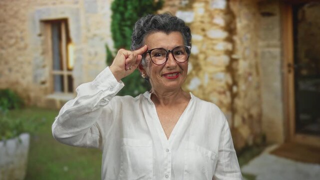 Senior woman with grey hair making a playful gesture as if indicating being silly in a charming old town street with stone buildings and greenery in the background.