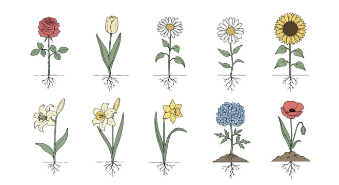 Various flowers with roots and soil
