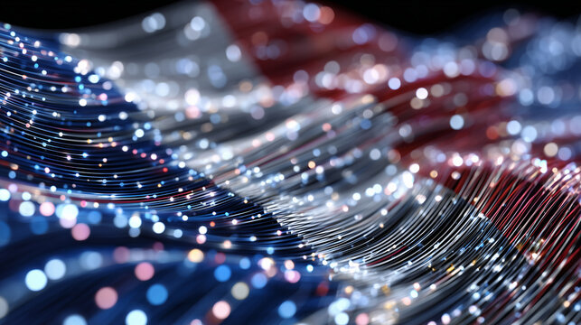 Flag of France entwined with luminous grids, neon holographic streaks and floating digital particles, futuristic technological abstract visualization - Powered by Adobe