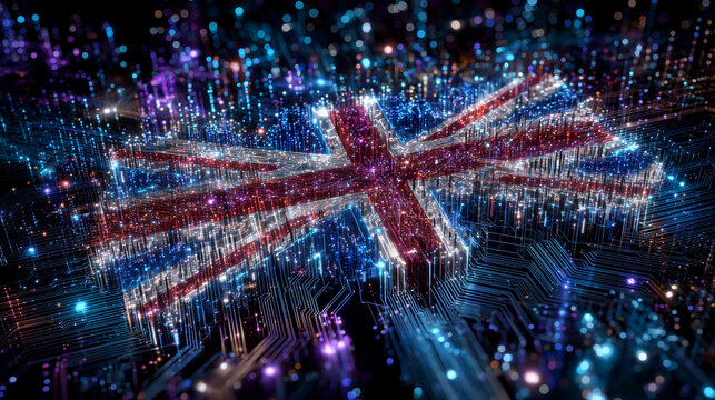 United Kingdom flag integrated with radiant neon circuits, holographic grids, and floating luminous particles, futuristic technology inspired wallpaper