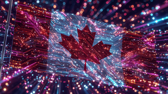 Flag of Canada with holographic geometric patterns, neon particles and glowing tech circuits, futuristic digital wallpaper with vibrant light effects