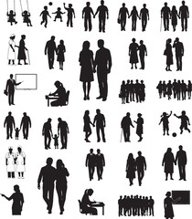 Various people silhouettes showing family children elders couples workers and groups in diverse everyday activities Concept of community life relationship society