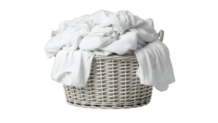 Wicker basket overflowing with clean white laundry, isolated on transparent background