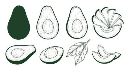 Avocado slices and whole fruit with transparent background