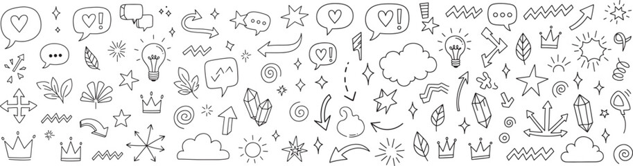Hand drawn doodle elements including arrows stars speech bubbles leaves crowns crystals clouds and lightbulbs, concept of creative decoration and playful illustration