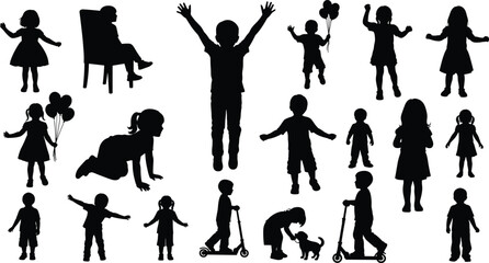 Silhouettes of children playing, running, riding scooters, holding balloons, interacting with pets, joyful childhood activity and movement perfect for creative design projects