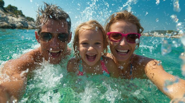 A happy family including two adults and a child smiles widely while splashing in clear turquoise waters. The sun shines brightly enhancing the joyful atmosphere.