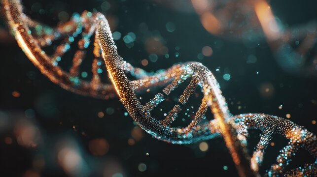 Close-up of a Glowing DNA Double Helix Structure with Bokeh Effect