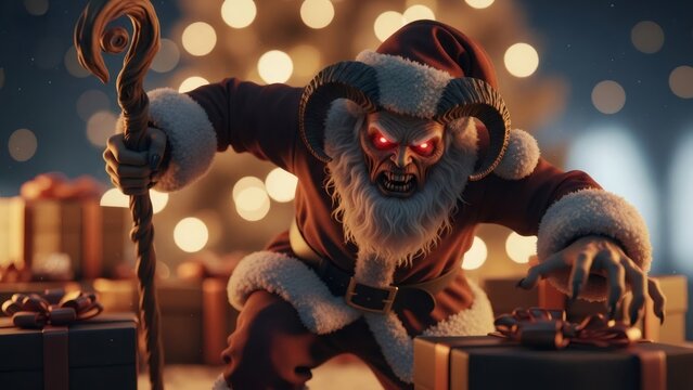 Krampus in scary santa claus outfit with glowing red eyes and horns holding staff. Dark Christmas story concept. For holiday horror theme. - Powered by Adobe