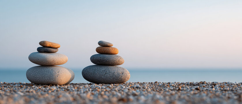 Two balanced stacks of smooth stones on a pebble beach with calm sea and clear sky in the background during sunset