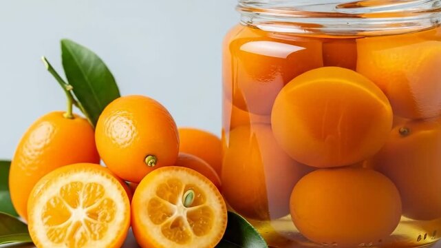Fresh kumquats in syrup jar with citrus leaves on textured surface