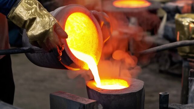 molten metal pouring from crucible into mold in industrial foundry workshop showing high temperature metal casting process glowing liquid alloy smelting heat intense furnace manufacturing metallurgy p