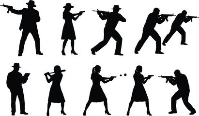 Silhouettes of men and women holding weapons, action poses, dramatic scenes for crime, detective, thriller, and illustrative design projects with neutral depiction