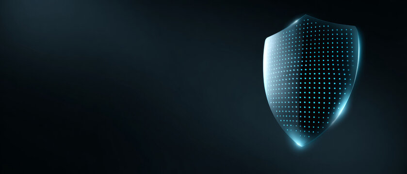 Futuristic digital shield with glowing blue dots representing cybersecurity and data protection on dark background