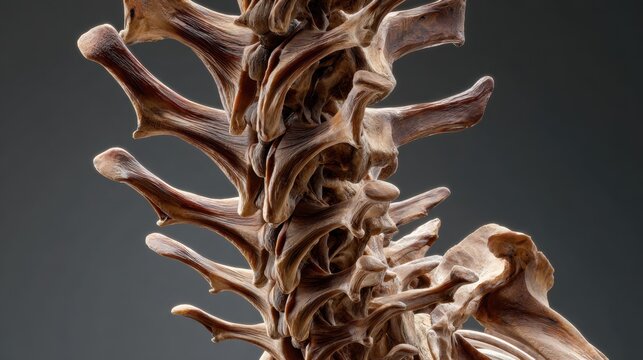 Close-up of a human spine model showing vertebrae and detailed bone structure