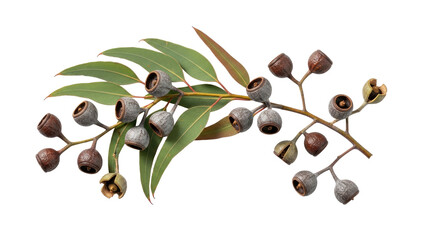 Eucalyptus Seed Pods and Green Leaves Isolated on White Background Botanical Still Life
