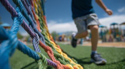 Side view of a child climbing a colorful rope net in a sunny playground, green artificial turf beneath, emphasizing safe and lively recreational space