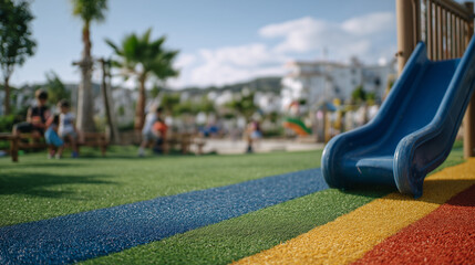 Fototapeta premium Close-up of a multicolored slide with children playing, artificial turf glowing under sunlight, warm and safe atmosphere in a cheerful park