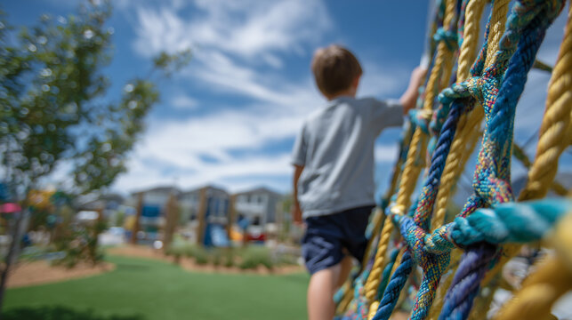 Side view of a child climbing a colorful rope net in a sunny playground, green artificial turf beneath, emphasizing safe and lively recreational space