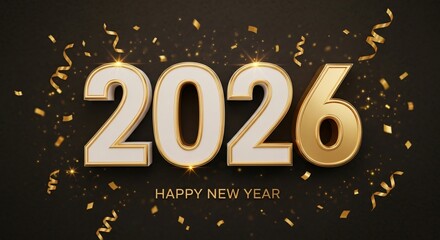 Happy New Year 2026 with golden numbers, confetti, and streamers on a dark background, celebrating the upcoming year with festive decorations and a sense of joyous anticipation